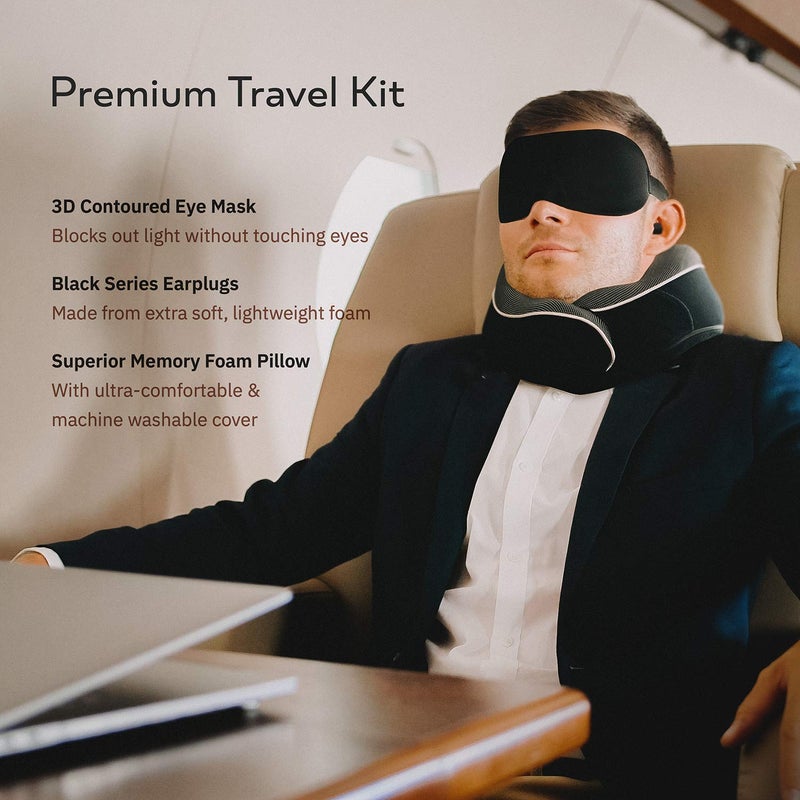 Proglobe Orthopedic Neck Pillow, Travel Neck Pillows for Airplanes, Memory Foam Kit, 360° Head Support, Airplane Pillow Set with 3D Contoured Eye Masks, Earplugs, and Luxury Mesh Bag (Black) - Image 2